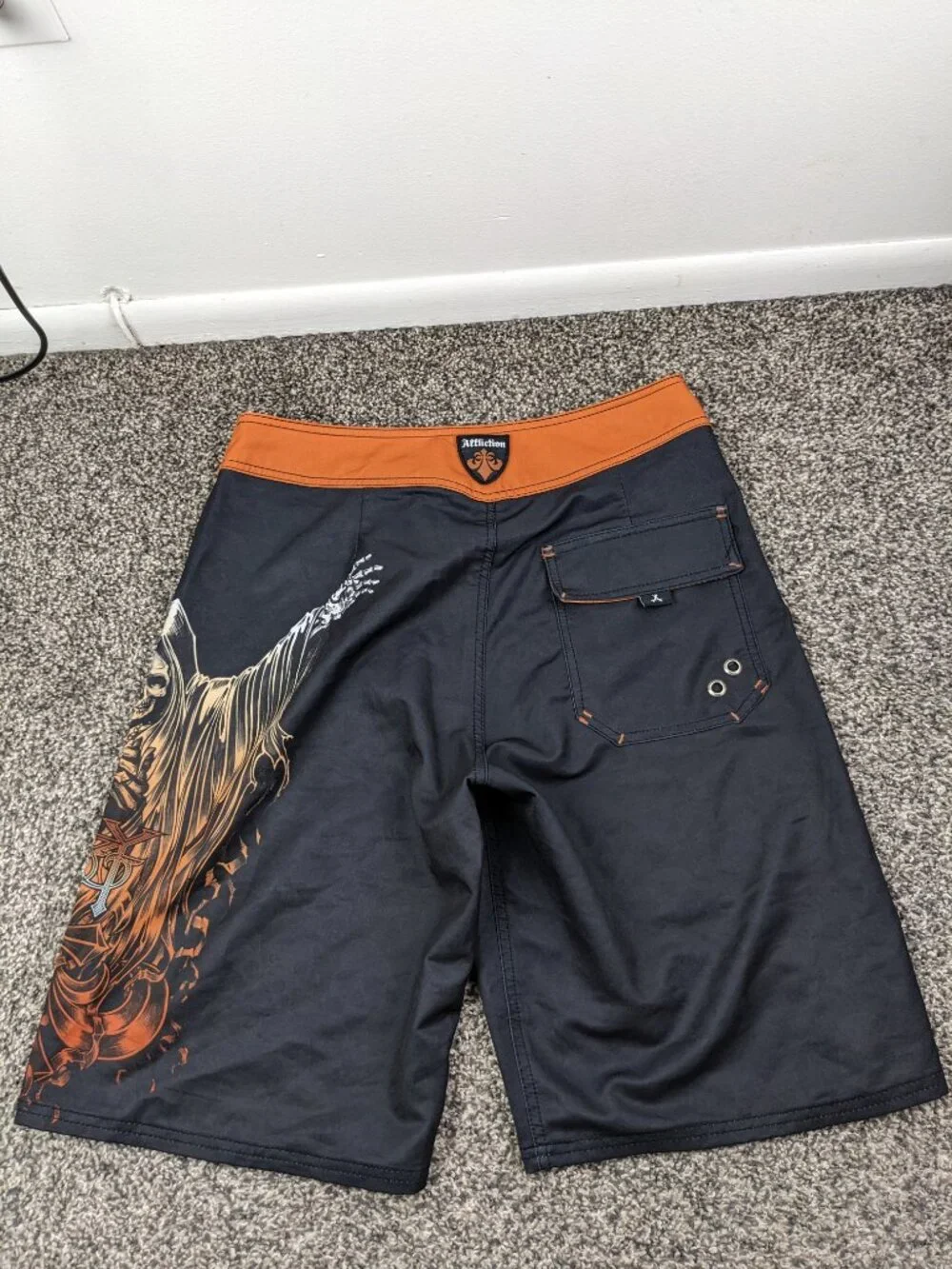 Affliction x Ozzy Osbourne Board Shorts Gothic Cross Skull Ball Swim Trunks 32